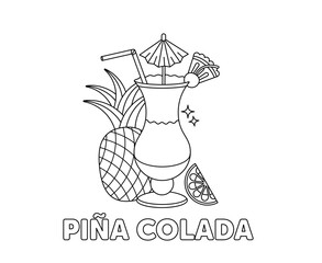 Piña Colada cocktail with pineapple, citrus and umbrella, outlined for coloring pages