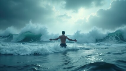 A dynamic, abstract image of a man standing in a vast ocean with massive waves crashing toward them