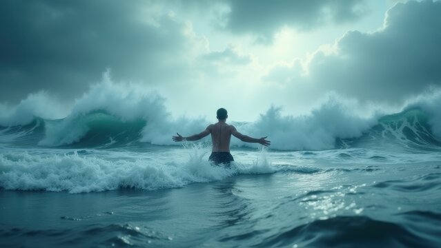 A dynamic, abstract image of a man standing in a vast ocean with massive waves crashing toward them - Powered by Adobe