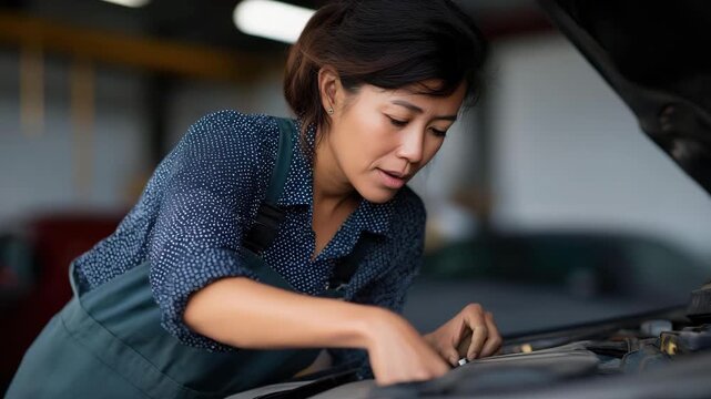 A skilled female mechanic, in work attire, meticulously examines the engine of a car in a garage, breaking stereotypes and showcasing women's empowerment in trades.