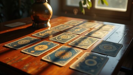 Tarot cards spread with astrological symbols on wooden table, under golden light from window in cozy reading room, concept of spiritual shops, astrology services