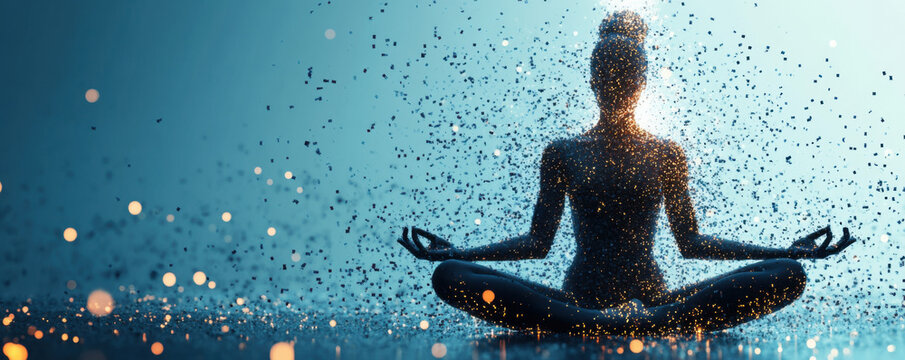 Silhouette of person meditating with dissolving pixels in serene atmosphere