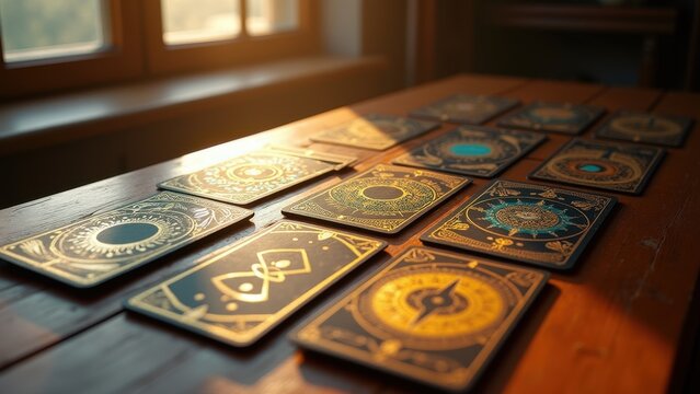 Tarot cards spread with astrological symbols on wooden table, under golden light from window in cozy reading room, concept of spiritual shops, astrology services