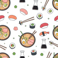 Seamless pattern of sushi, ramen bowls, soy sauce bottles, and chopsticks, depicted in a modern semi-flat illustration style with clean lines and a light background.