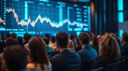 Audience of investors in formal suits watching stock market charts on large digital screen during financial conference. Concept of economy, finance, investment and business growth.