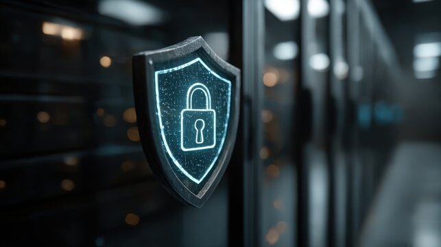 Digital security shield with lock symbol on server room wall showcases cybersecurity importance and protection measures - Powered by Adobe