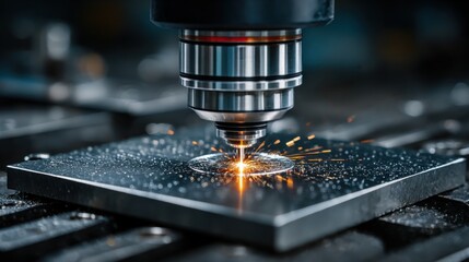 Laser cutting machine operates in a workshop, creating precise shapes from a metal sheet with bright sparks flying