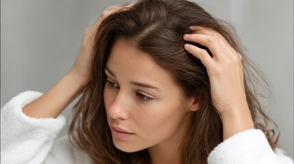 Fototapeta premium Woman examining her hair in a cozy setting while wearing a white robe in soft, natural light, showcasing her thoughtful expression