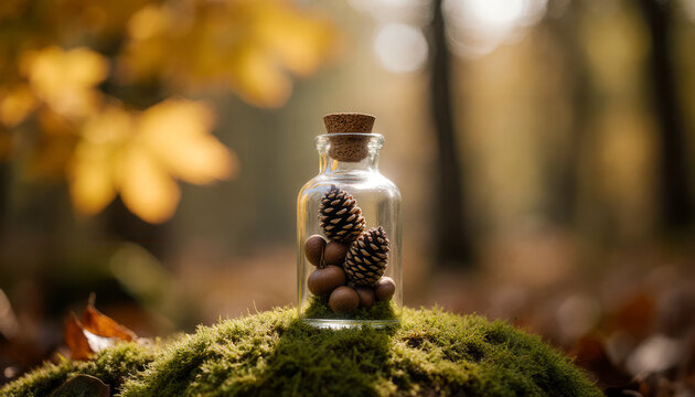 Glass jar filled with pine cones and acorns sits on moss in a tranquil autumn forest. Hello autumn concept