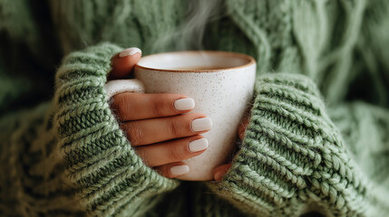 Hands in green sweater holding steaming mug of coffee or tea close up.