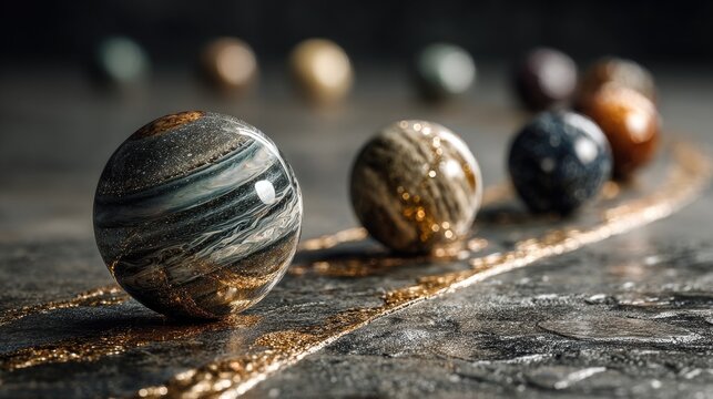 Creative 3D illustration of shiny glass planets aligned on a glowing cosmic path with artistic textures