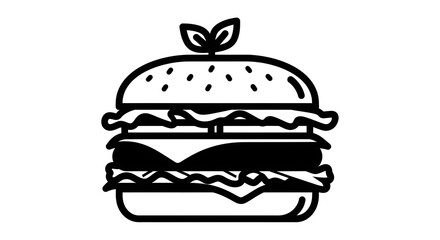 Black and white line art icon of a hamburger with bun, patty, cheese, and lettuce