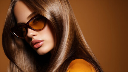 Fototapeta premium woman with long shiny brown hair wearing stylish brown sunglasses and warm brown outfit posing on brown background