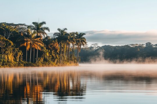 Misty morning lake with palm trees