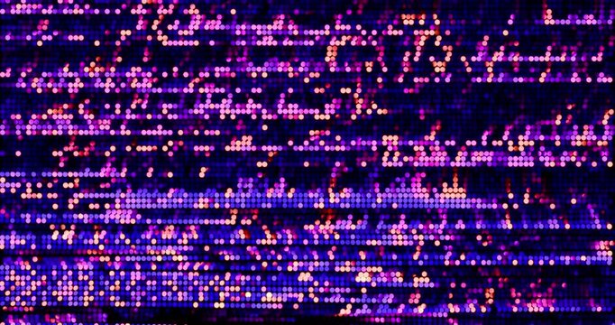 Purple and gold sequins turn up in a random pattern. Top view of gorgeous waving pattern background. 4K 3D rendering loop animation.