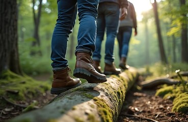 People walk on log in forest. Friends balance on fallen tree trunk. Adventure in woods. Group of hikers exploring nature. Journey through woods trail. Team enjoy outdoor activity.