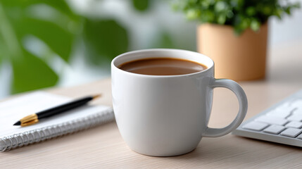 Fresh cup of coffee on desk signifies moment of focus for modern workforce. This remote work setup, part of new gig economy, provides calm start to day