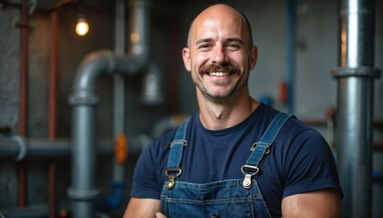 Happy plumber stands near pipes. Man in overalls smiles with crossed arms. Industry worker fixes water supply. Pro repairman ready to work. Maintenance expert indoor poses near system.