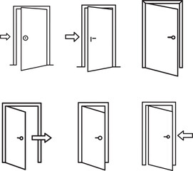 Set of six hand drawn illustrations showing a door opening in different directions and angles