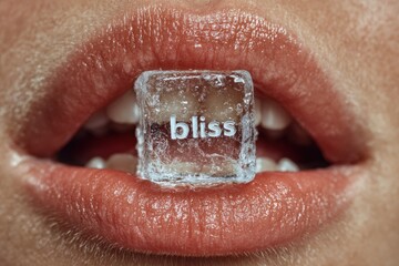 Frozen bliss captured in a unique artistic expression featuring a clear ice cube resting on lips with text visible, showcasing creativity and emotion