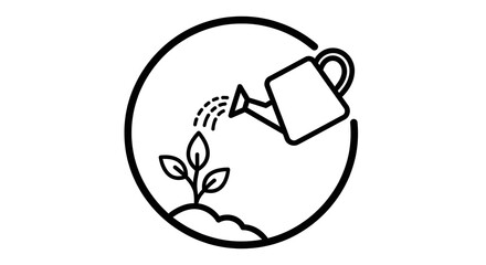 Black outline icon of a watering can pouring water on a small plant in soil
