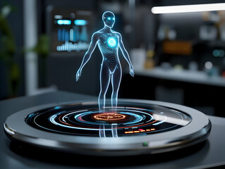 Futuristic digital assistant hologram showing artificial intelligence technology. glowing blue projection has neutral look
