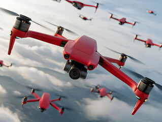 Powerful red drone swarm powered by futuristic AI technology flying through sky. coordinated advanced concept