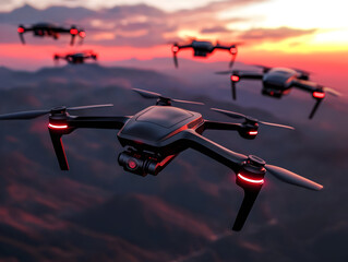 Powerful futuristic drone swarm with AI technology flying in formation over mountain landscape at sunset