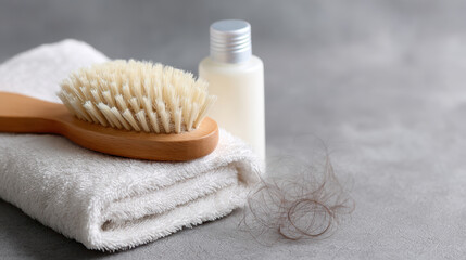 Concept for hair care routine to repair damaged hair. wooden brush and lotion on white towel with fallen hair suggesting hair loss problem and need for treatment