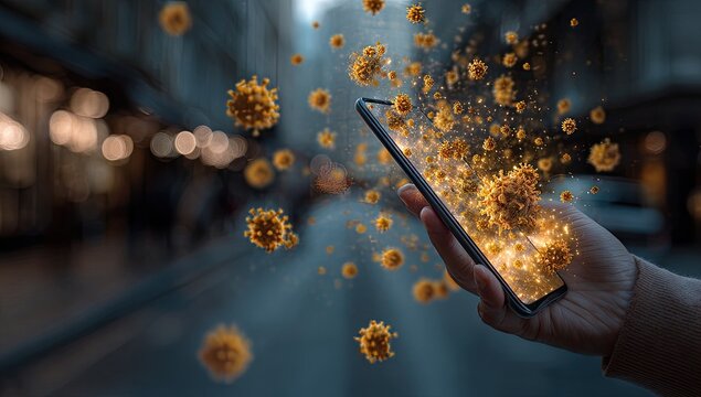Digital display of cell structures emerging from a smart device held in a hand, outdoors