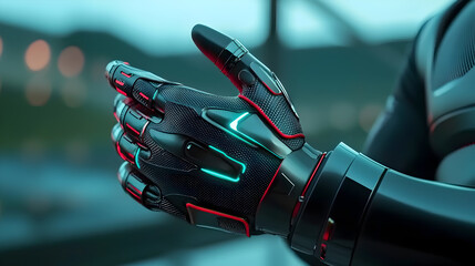 Sleek black futuristic prosthetic robot hand and arm. Advanced AI technology showing contemplative power and focus