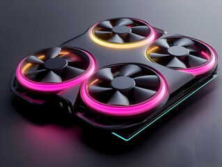 Powerful next gen graphics card with futuristic cooling system. High tech hardware and advanced tech for powerful gaming