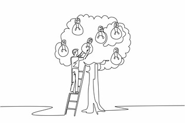 Continuous one line drawing a man climbs ladder into tree to get lightbulb and sack containing many lightbulbs. Try solve problem. National Creativity Day. Single line draw design vector illustration