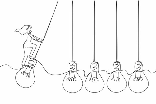 Single continuous line drawing woman stands on lightbulb with both hands hold the light cord and swings. Playing with brilliant ideas. National Creativity Day. One line design vector illustration