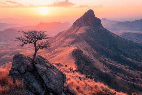 Dramatic sunset over a mountain range, with a lone tree on a rocky peak