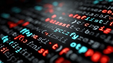 Dynamic glowing digital code streams with vibrant red and cyan highlights creating a futuristic technology backdrop for data analysis and programming concepts