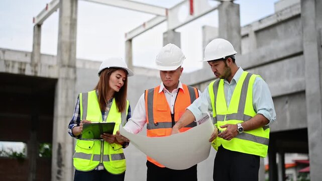Expert engineers and architects are working together to check whether the building structure complies with the structural plans.