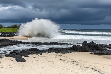 Fototapeta premium Dramatic wave crashing on a volcanic beach