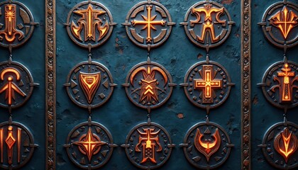 Fototapeta premium Ornate glowing symbols embossed in dark bronze circular medallions. Ancient runic patterns illuminate with warm orange light on textured blue metal wall with ornate vertical border. Sacred mystic