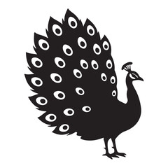 Ornate Peacock Silhouette with Fanned Tail – Elegant Black and White Vector Art