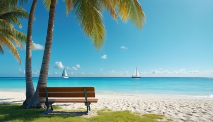 Empty wooden bench on sandy beach under palm trees. Sailboats float on clear blue ocean water. Serene tropical paradise seascape invites relaxation and summer holiday vibes.