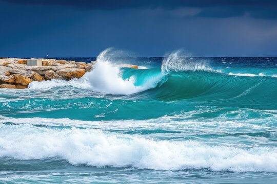 Powerful turquoise waves crash against a rocky shore under a stormy sky