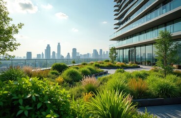 Modern building features extensive rooftop garden. Plants covers flat surface offering urban oasis. City skyline visible beyond glass facade. Sustainable architecture promotes eco-friendly design,
