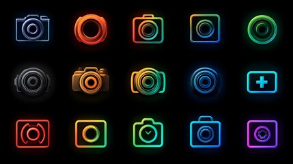 Vibrant collection of modern camera icons and photographic elements glowing with neon light against a dark background, perfect for digital design and visual storytelling.