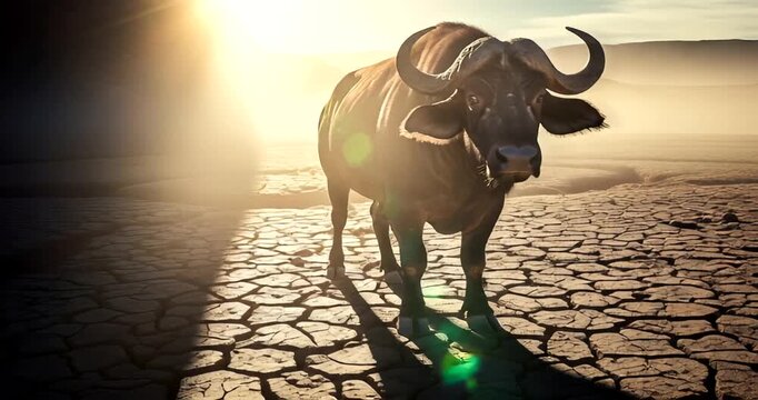 Majestic buffalo standing on cracked earth under a dramatic sunset sky