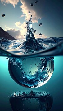 A dramatic water splash with a split view of sky