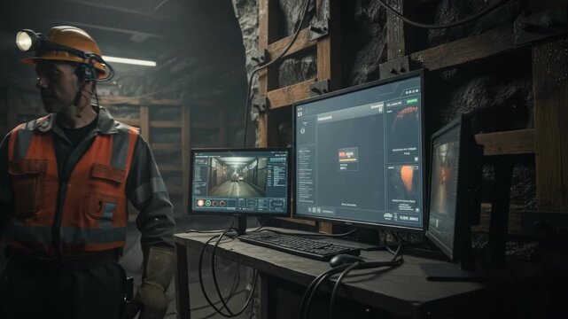 Medium shot of a miner monitoring realtime AI safety alerts on digital screens inside the mine environment