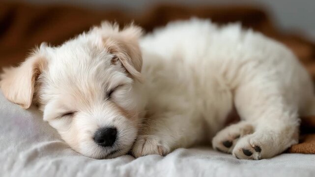A cute and fluffy puppy peacefully sleeping on a cozy blanket captures the essence of comfort and tranquility, reminding us of the joys and simplicity of pet companionship.