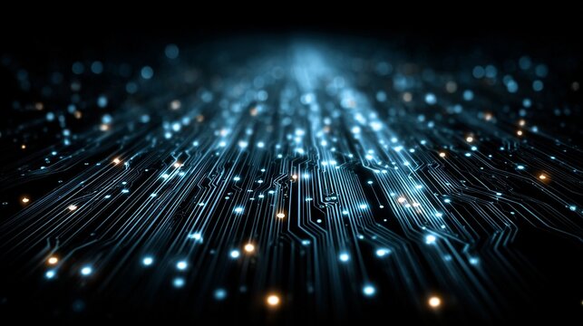 Dynamic digital circuit board with glowing blue and orange lights, symbolizing advanced technology, data flow, and futuristic innovation in a dark, abstract background. - Powered by Adobe