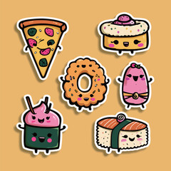 Fun and colorful cartoon stickers display an array of cute food characters including pizza, sushi, and donuts, brightening up any surface with their charm.